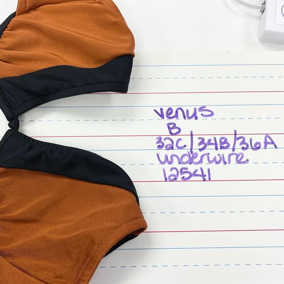 Venus Womens Bikini Top 32C Colorblock Halter Underwire Black Rust Trendy Chic - Picture 8 of 9